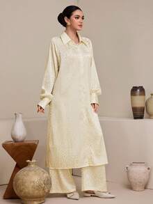 Graceveil 女士杏色豹纹提花优雅端庄休闲阿拉伯风格衬衫裤套装 - 杏色 - 查看 7