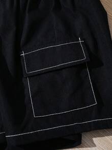SHEIN Little Byeori 两件套男童休闲撞色图案圆领短袖T恤和撞色拼接工装短裤套装，适合通勤、上学、休闲穿着、运动、春夏穿着。 - 霧霾藍 - 查看 5