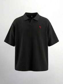 SWAVVY Men's Casual Commuting Rider Embroidery Textured Fabric Short Sleeve Polo Shirt, Summer - Black - View 5