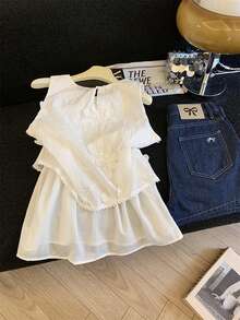 Resyla 法式复古3D立体花卉刺绣收腰无袖雪纺上衣 - 白色 - 查看 2