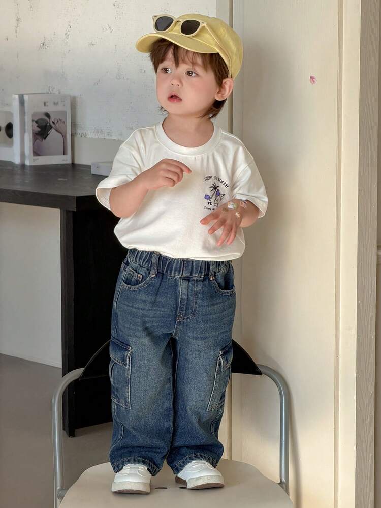 DAZY Pantalones vaqueros rectos con bolsillos cargo para niños (Talla pequeña) - Azul lavado medio - Añade 5