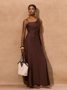 Zivah 2025 Spring New Arrival Asymmetric Ruched Maxi Dress For Vacation ,Summer Dress - Coffee Brown - View 3