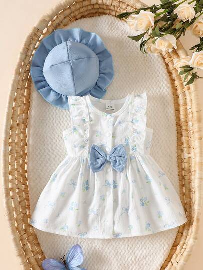 SHEIN Vestido sin mangas con cuello redondo, volantes y estampado floral de dibujos animados para bebé niña recién nacida en verano, con gorra azul, elegante y lindo