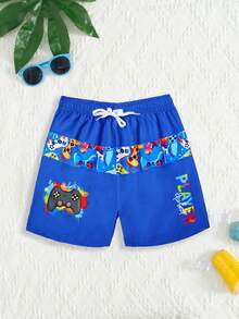 SHEIN Quần short đi biển cạp chun co giãn in hình trò chơi thời trang cho bé trai, quần bơi thường ngày - Màu xanh lam - Xem 3