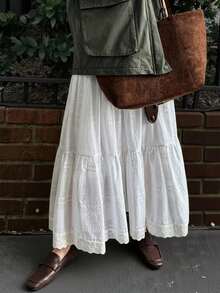 Livesso 宽松波西米亚度假风时尚办公街头风纹理褶皱提花镂空蕾丝拼接女裙，春夏款 - 白色 - 查看 2