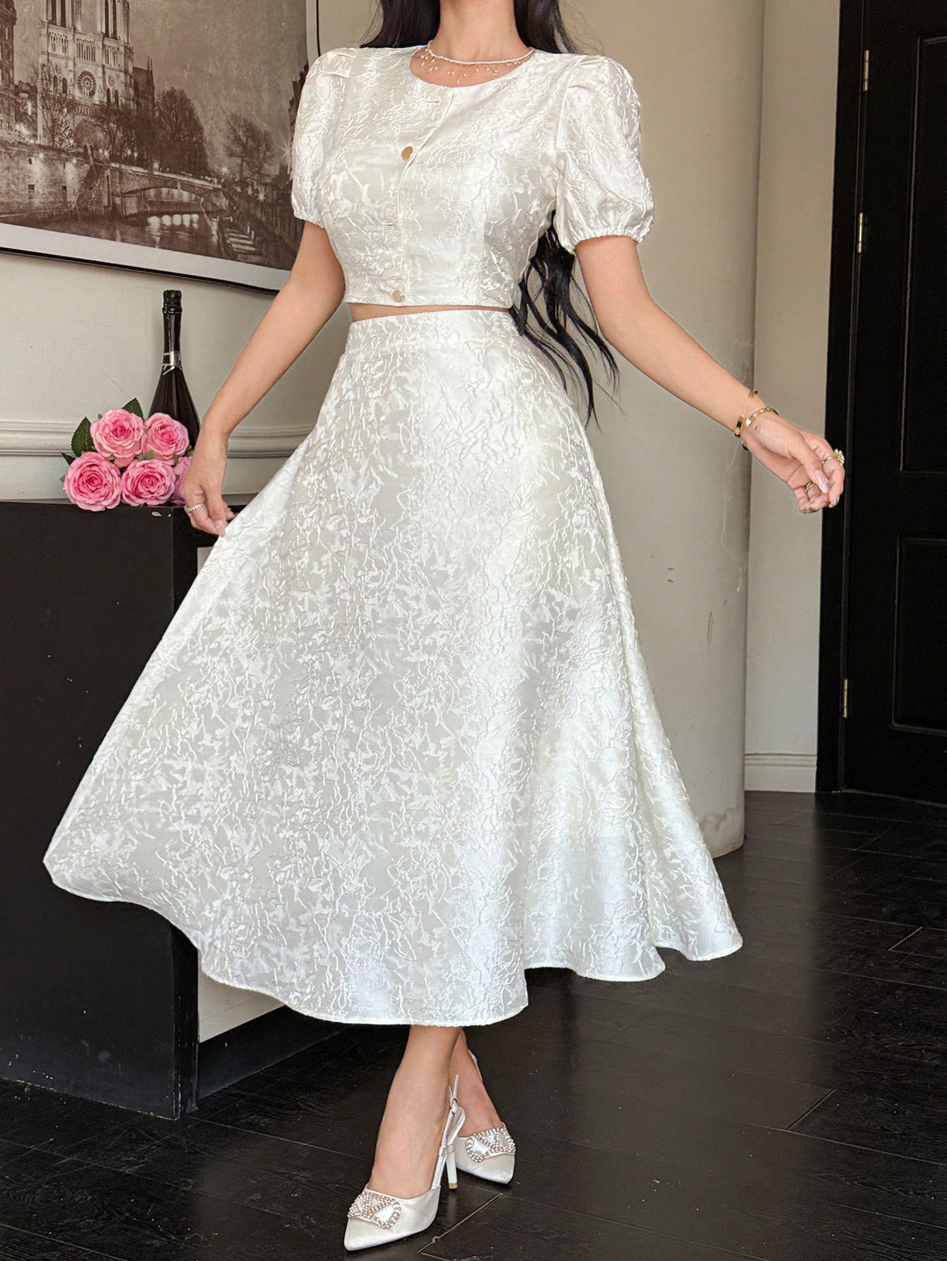 DAZY بلوزة وتنورة مجموعة قطعتين للنساء، لون أساسي...