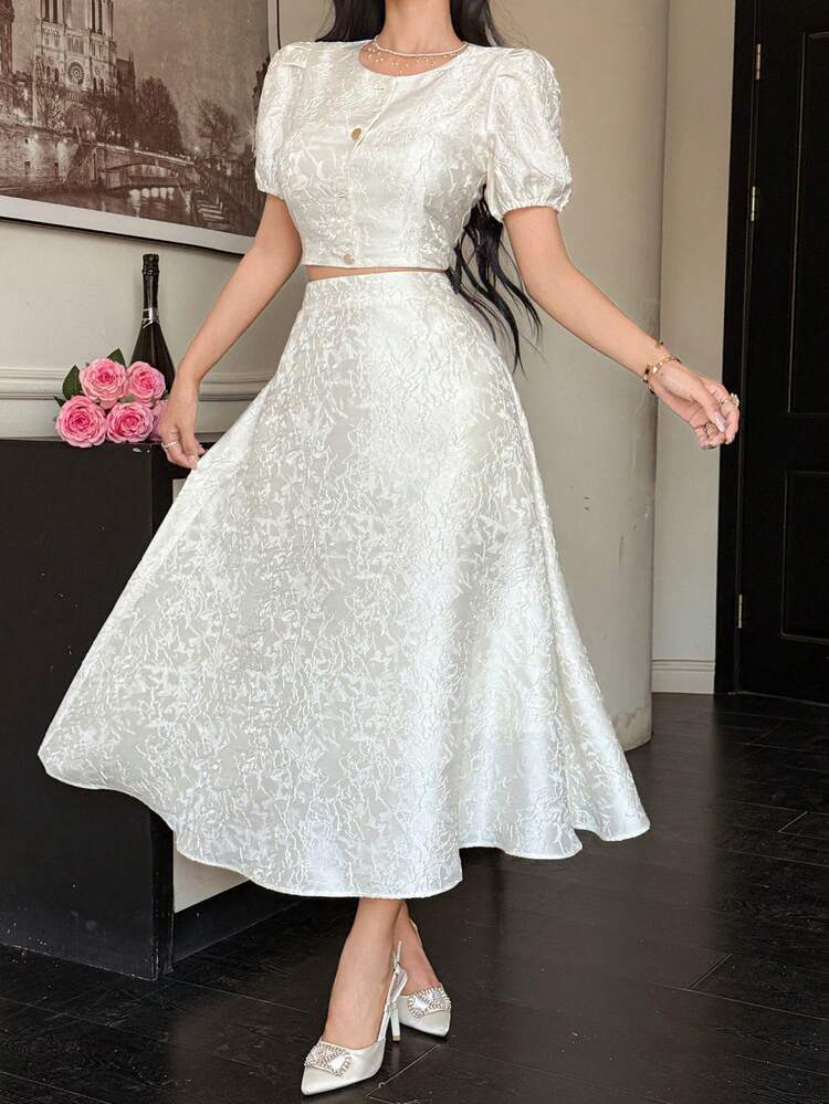 Women's Elegant Solid Color Textured Round Neck Puff Sleeve Shirt And Skirt 2 Pieces Set, Spring/Summer,Wedding Guest Dress Women