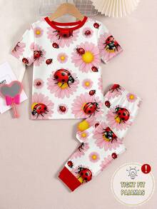 2pcs/Set Young Girl' Bright Ladybug & Daisy Allover Print Crew Neck Knit Stretchy Fabric Bodysuit Top And Pants Casual Homewear Set