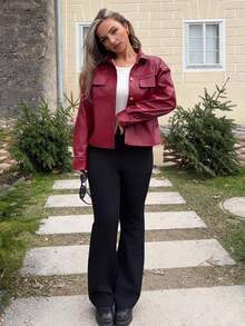 Jeta Ari Women's Plain PU Leather Drop Shoulder Long Sleeve Short Jacket, Autumn/Winter - Burgundy - View 4