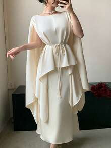 DAZY Women's Elegant Solid Color Belted Shirt & Skirt 2 Pieces Set, Spring/Summer,Wedding Guest Dress Women - Beige - View 3
