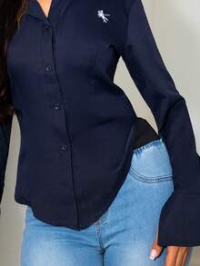 Hindelle 女式长袖衬衫，胸部和腰部有刺绣 - 藏蓝色 - 查看 5