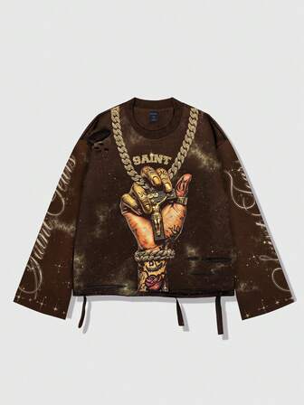 Street Life Vintage Streetstyle verwaschenes Saint Grafik Langarm Rundhals Herren T-Shirt