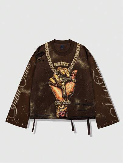 Street Life Maglietta vintage da uomo a girocollo con maniche lunghe e grafica Saint in stile urban consumato