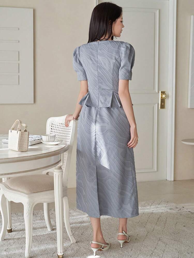 Elegant Solid Color Textured Square Neck Puff Sleeve Pleated Ruffle Hem Dress For Women Wedding Guest Dress Summer Sundress