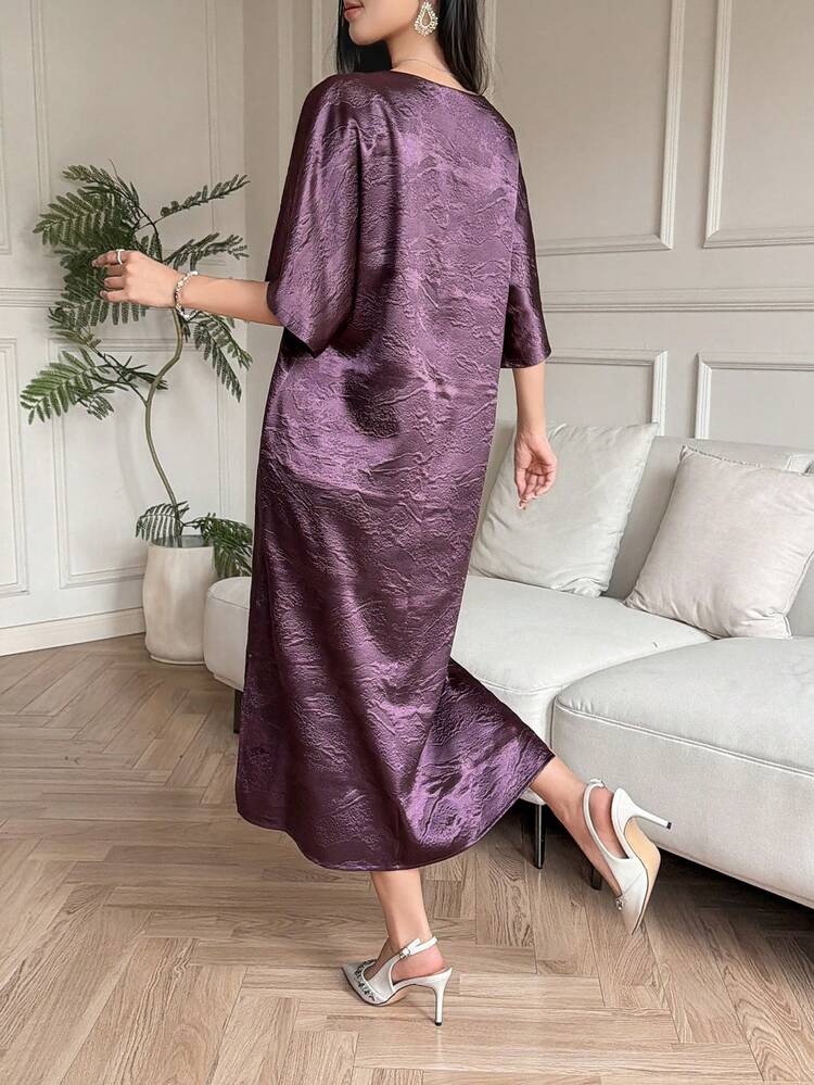 Women's Elegant Solid Color V-Neck Textured Long Dress, Summer Wedding Guest Dress Sundress