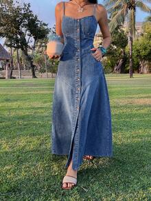 Livesso Sleeveless Distressed Waist-Cinched Casual Denim Dress For Women - Blue - View 3