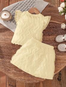 SHEIN Elladie kids 两件套少女时尚碎花荷叶袖法式衬衫上衣+半裙可爱甜美套装，夏季 - 香檳色 - 查看 2