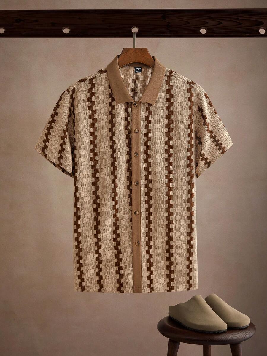 Core Aspect Men's Contrast Color Patchwork Collar Button Front Casual Summer Shirt - Khaki - View 1