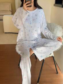 DAZY 可爱兔子樱花印花插肩袖宽松女式睡衣套装 - 白色 - 查看 4