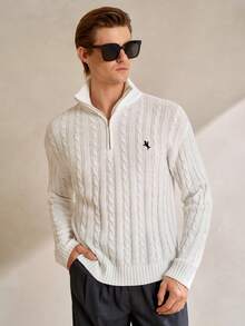 Manfinity CityGents Men's Solid Color Front Half Zip Plain Long Sleeve Casual Pullover Sweater, For Friends,  Spring/Summer Men's Lightweight Half-Zip Knit Sweater, Long Sleeve Pullover, Fall/Winter New Blogger Chic Design 3D Floral Embroidery Half-Zip Crew Neck Sweater, Spring/Summer It Is Great For Couples And Makes An Excellent Gift Idea For Boyfriends Or Husbands Zip Up Sweater Mens Sweater Polo Sweater Men Knitted - White - View 3