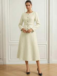 Aveloria Rosie 女士优雅法式长袖单排扣外套和A字中长裙套装，晚礼服 - 米色 - 查看 5