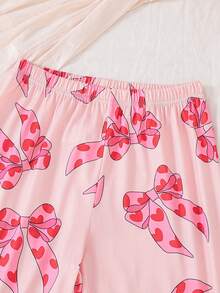 2pcs/Set Girls' Cute Pink Heart & Bow Print Short Sleeve Top And Wide Leg Pants Pajama Set,Collared Button-Up Shirt,Summer Sleep Casual Homewear - Multicolor - View 6