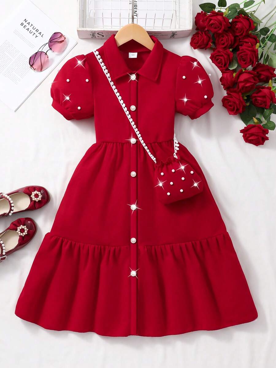 SHEIN Áo khoác cardigan tay phồng cổ bẻ màu trơn cho bé gái, kiểu dáng dễ thương mùa hè, kèm túi nhỏ. - Đỏ - Xem 1