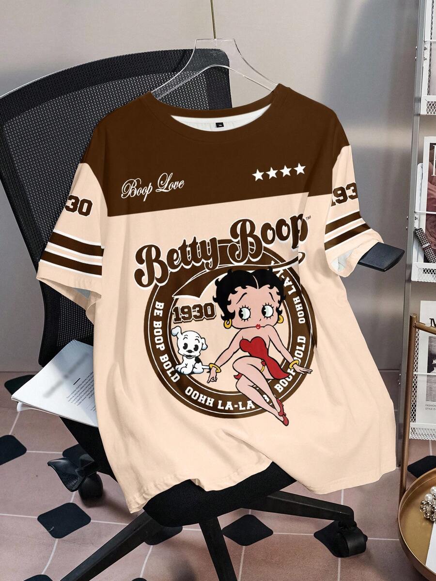 Betty Boop x SHEIN 大码女式夏季休闲通勤时尚街头字母卡通图案撞色短袖T恤 - 白色 - 查看 1