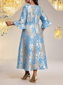 Fleurora 大码女士优雅派对宴会提花荷叶袖收腰喇叭裙摆连衣裙，不含腰带 - 彩色 - 查看 3