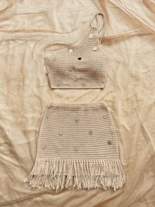 Soleia Women's Casual, Vacation, Western, Beach Wedding Guest, Graduation, Brunch, St. Patrick's Day, Spring Break, Easter, Music Festival Elegant Bohemian Tropical Fringe Sequin Knit Two Pieces Sweater Set, Spring/Summer - Apricot - View 5