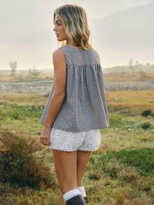 WESTFADE Áo thun cotton pha kẻ caro cổ tròn cài cúc phía trước kiểu miền Tây, vạt trước ngắn vạt sau dài. - Cà phê nâu - Xem 2