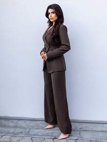 Hindelle 女士缺角领夹克和裤子通勤日常基本款商务套装秋冬 - 咖啡棕 - 查看 6