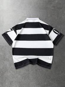 ROMWE MEN Street Life Men's Street Graphic Print Polo Shirt, Suitable For Everyday Wear, Spring/Summer - Black and White - View 2