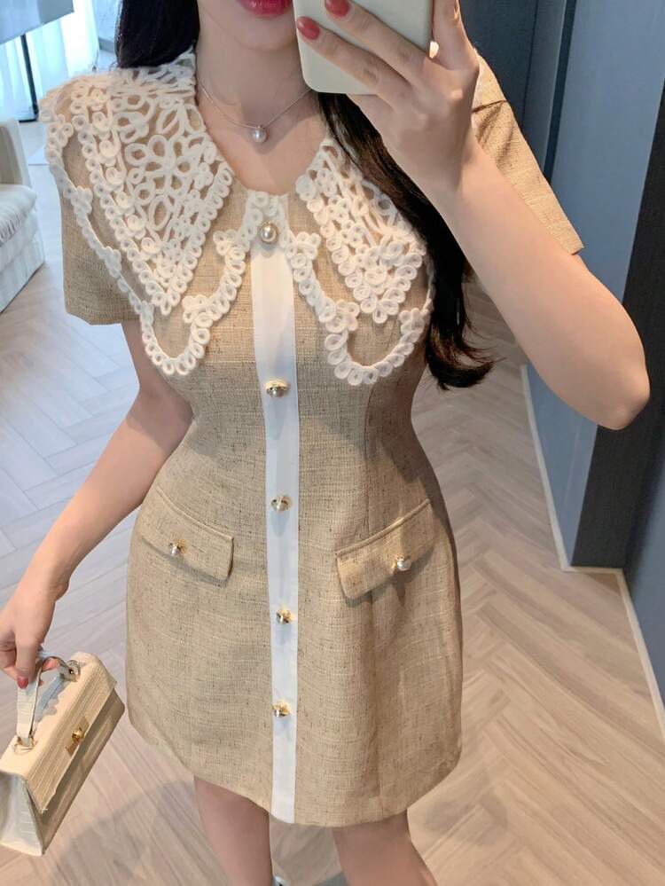 Women's Elegant Contrast Color Lace Collar Faux Pocket Short Dress, Summer Wedding Guest Dress Sundress