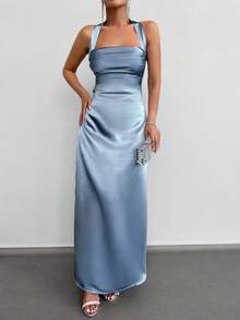 EURMUSE Women's Elegant Backless Halter Dress, Solid Color, Suitable For Party - Blue - View 3