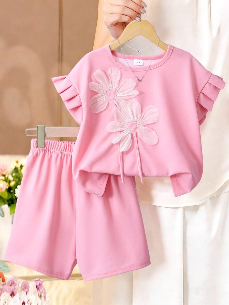女童甜美清新风立体花朵装饰荷叶边短袖上衣+宽松短裤休闲套装日常夏季两件套 - 粉色 - 查看 1