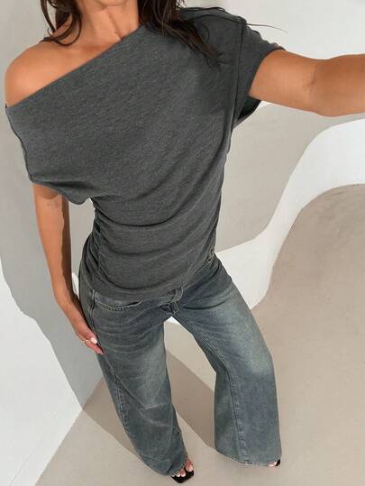 Aloruh 优雅斜肩短袖针织上衣，灰色休闲通勤T恤