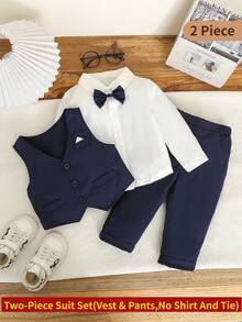 2pcs Baby Boy Formal Elegant Gentleman Suit, Solid Color Slim Fit Faux Pocket Single-Breasted Vest + Elastic Waist Casual Pants, No Shirt, No Bowknot, Fashion Outfit Suitable For Dinner, Reception, Performance, Party, Runway, Christening, Birthday, Wedding, Back To School, Spring/Summer/Autumn - Multicolor - View 4
