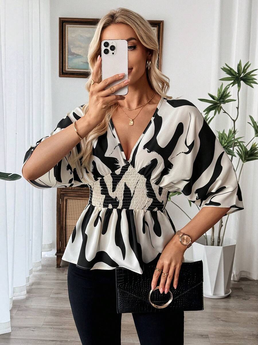 SHEIN LUNE Women's Fashion Casual Shirred Cinched Waist Blouse - Apricot - View 1