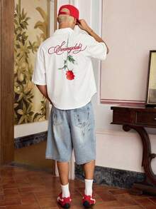 SWAVVY Chemise à manches courtes pour hommes avec imprimé floral et lettres, chemise rose blanche avec design rouge, chemise blanche avec rose blanche, chemise blanche avec rose rouge, t-shirt graphique rose pour les amoureux, Chemise blanche pour la Saint-Valentin - Blanc - Voir 2
