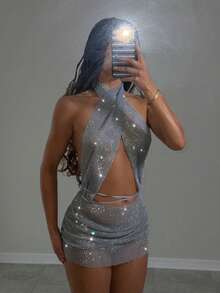 EgrlEra 女士超短连衣裙，性感交叉领口设计，闪亮水钻材质，适合节日派对和聚会。 - 銀色 - 查看 4