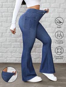 Flexra Women's Casual Washed Slim Fit Flare Cargo Jeans - Blue - View 1