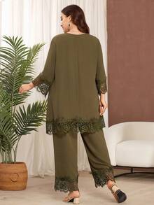 Lacomfia Bộ đồ 2 mảnh dành cho nữ cỡ lớn, váy dài phối ren cổ tròn thanh lịch, thích hợp mặc mùa xuân/hè. - Nhiều màu - Xem 2