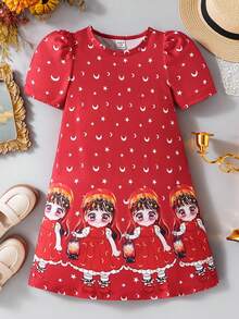 SHEIN Summer Fairy Party Matching Young Girls Dresses - Red - View 8