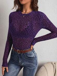SHEIN PETITE CURVE 大尺碼女款性感豹紋透視長袖修身上衣，春夏款 - 紫色 - 查看 5