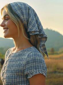 WESTFADE Embroidered Plaid Scoop Neck Button Front Short Sleeve Smocked Ruffle Cropped Top & Matching Headscarf Women Two Piece Matching Set - Blue - View 5