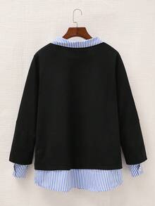 SHEIN CURVE+ Plus Size Women Striped Lapel Long Sleeve Casual Patchwork Sweatshirt Winter Fall Autumn Curve Plus Tops - Baby Blue - View 2