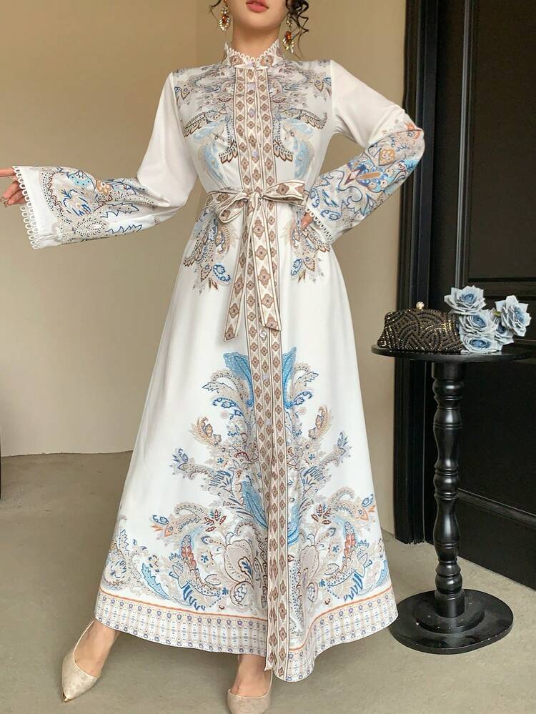 Spring & Summer Floral Print Chiffon Dress, Cinched Waist, Bohemian Style, Suitable For Wedding, Vacation, Beach Maxi Dress Sundress
