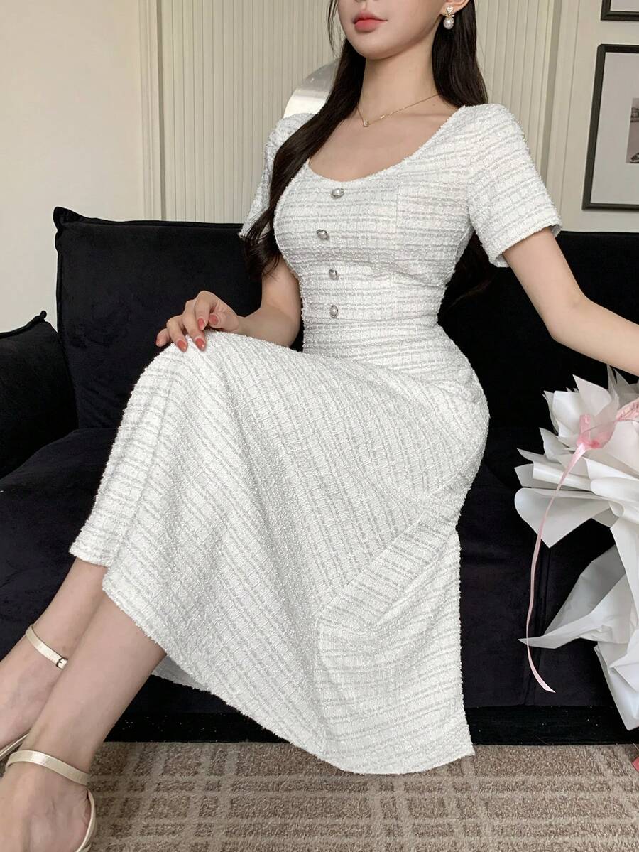 DAZY 女士优雅纯色纹理纽扣长连衣裙，春夏款 - 米色 - 查看 1