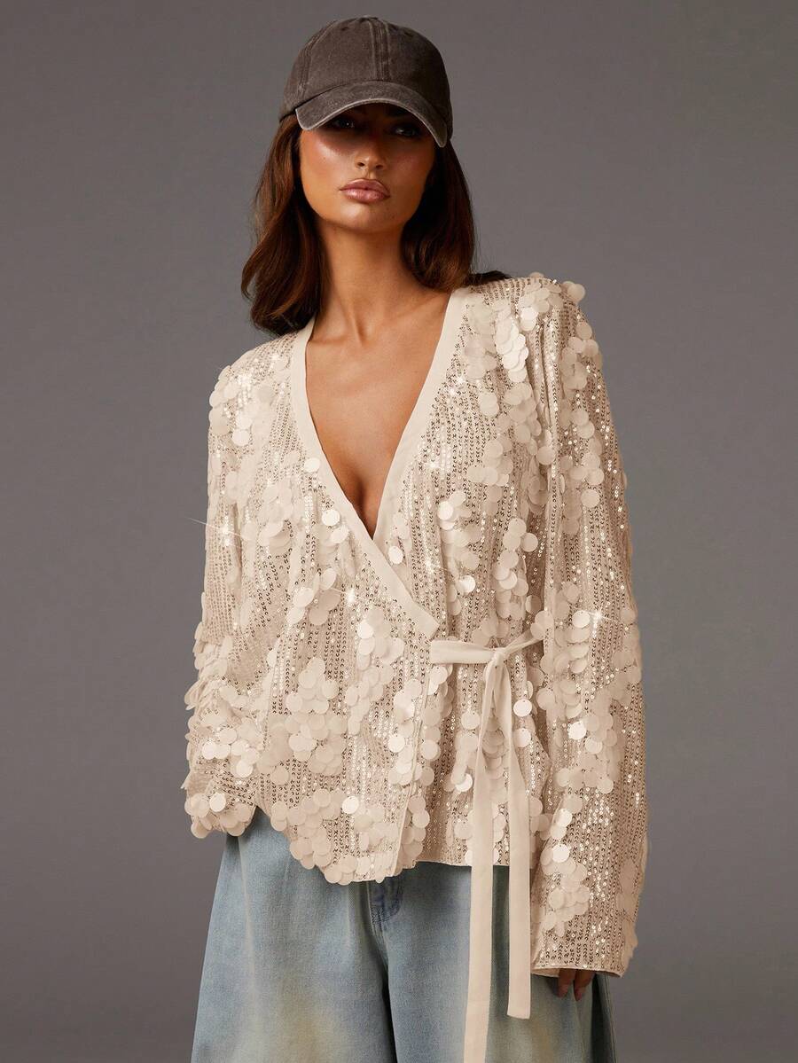 Athîral Áo kiểu dự tiệc thời trang dành cho nữ, cổ chữ V sâu, đính sequin, thắt eo. - Màu be - Xem 1